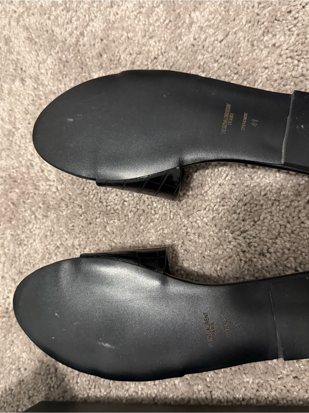 Saint Laurent Black Croc-Embossed Patent Slide Sandals with Gold YSL Hardware - Picture 3 of 4